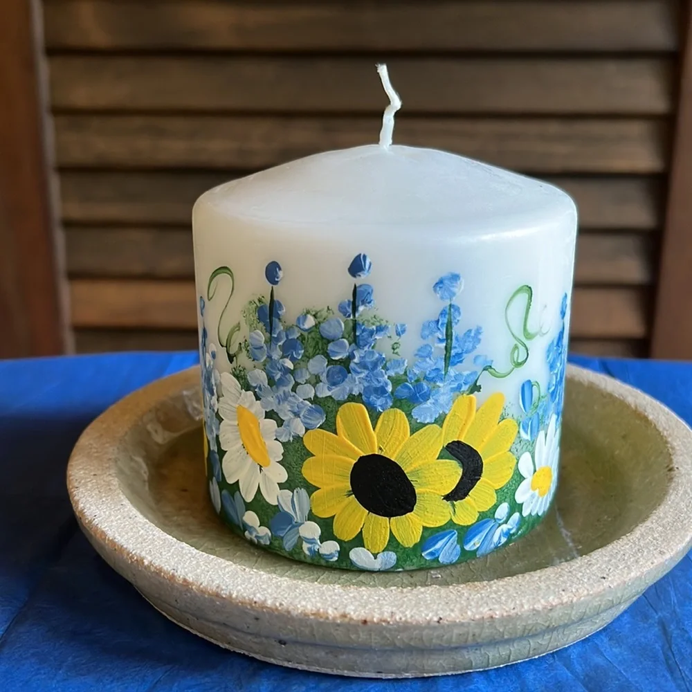 4x4 Hand Painted Blue Bonnets Medley Pillar Candle